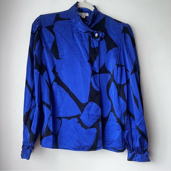 Vintage 80s Nolan Miller Dynasty Collection Bright Blue Silk Pattern Blouse 6 - Picture 1 of 4